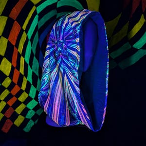 Festival Rave Hood Infinity scarf style, blacklight reactive fractal print artwork with teal gold zebra print lining