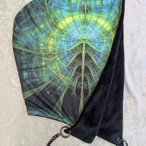 Fractal blacklight reactive Festival rave Hood with chain and faux fur lining. yellow glyph