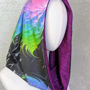 Fractal Blacklight Reactive Festival Rave Hood- infinity scarf style with pink sparkle lining, reversible. wing