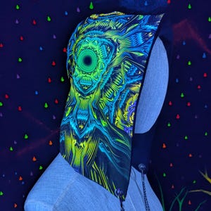 Fractal blacklight reactive Festival rave Hood with chain and faux fur lining. Tri-glyph