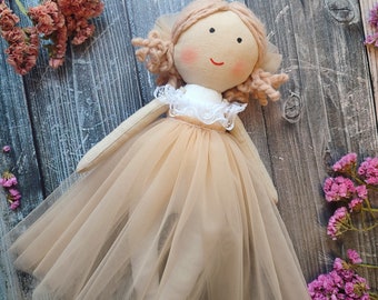 Flower girl gift rag doll 12" Bridesmaid gift Textile wedding doll Flower girl proposal First Communion rag doll in beige dress