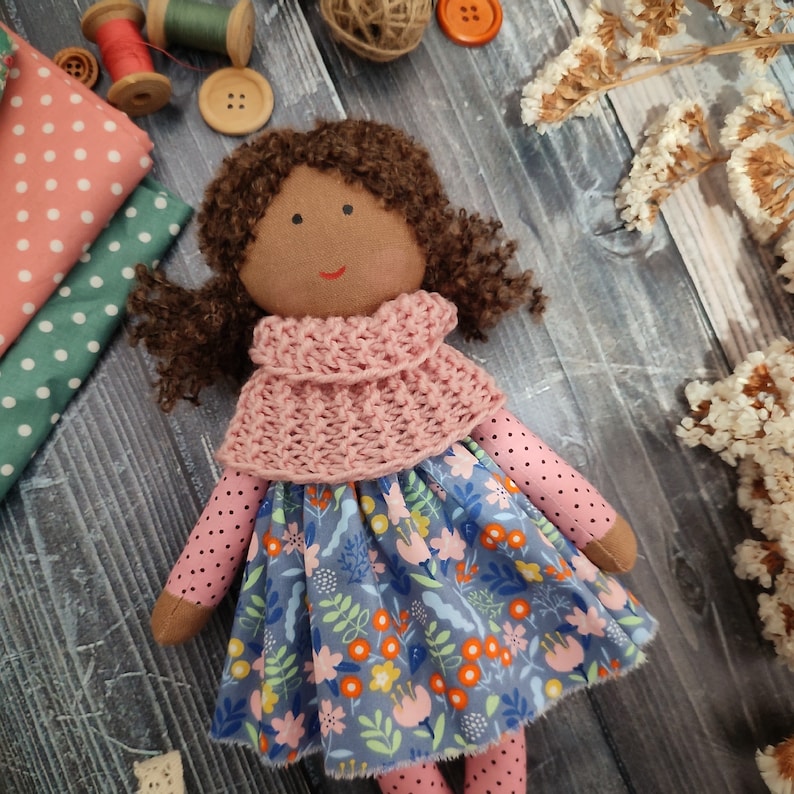 American dark skin cloth doll Black skin rag doll Brown skin first baby doll Biracial handmade soft doll with clothes image 3