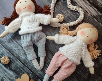 Handmade rag doll girl with knitted sweater and cotton pants Christmas gift doll for granddaughter Little girl doll personalized