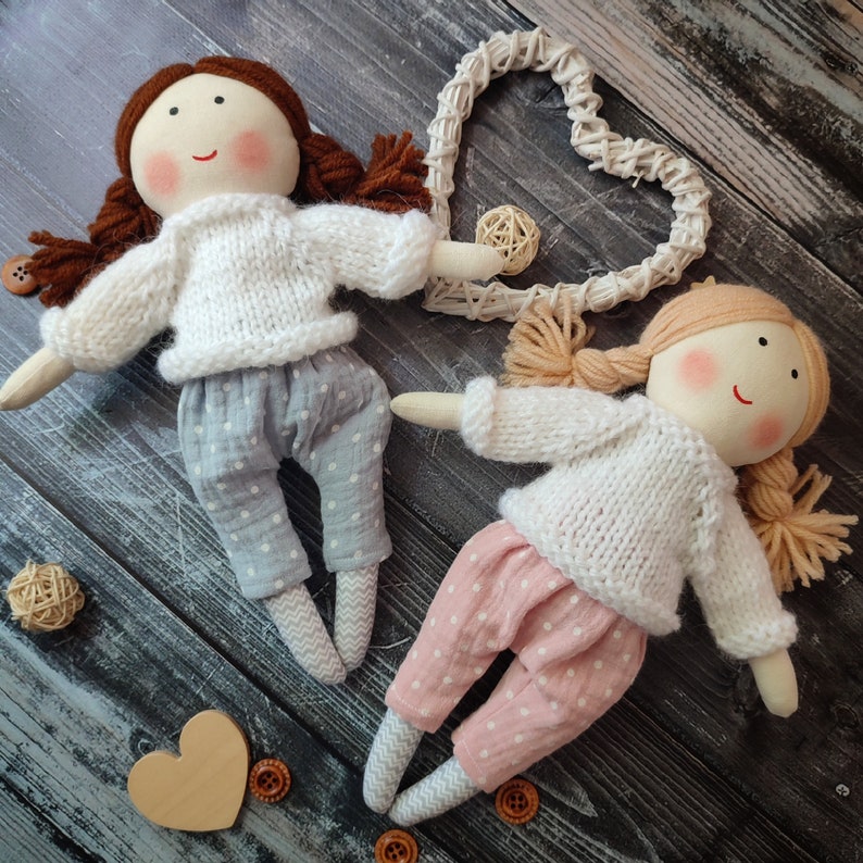 Handmade rag doll girl with knitted sweater and cotton pants Christmas gift doll for granddaughter Little girl doll personalized image 1