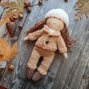 Custom made rag doll girl with knitting clothes Personalised textile doll with pants, jacket, top, hat and socks Early childhood toy doll image 1