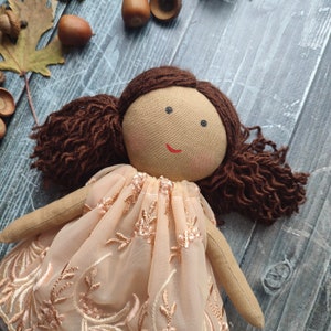 Biracial flower girl doll in beige lace dress Dark skin rag doll for toddlers Black cloth doll girl Asian first baby doll handmade image 6