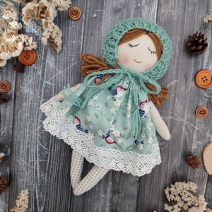 Personalised rag doll for baby girl, First soft doll handmade, Cute fabric doll girl with baby's bonnet, dress and socks image 2