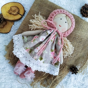 Handmade first rag doll girl with baby bonnet Fabric doll personalized Soft doll for baby