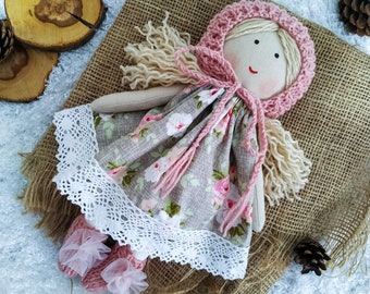 Handmade first rag doll girl with baby bonnet Fabric doll personalized Soft doll for baby