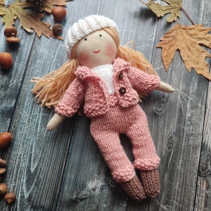 Custom made rag doll girl with knitting clothes Personalised textile doll with pants, jacket, top, hat and socks Early childhood toy doll image 6