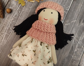 Rag doll girl with black hair Asian cloth doll Textile first doll for baby Fabric soft doll