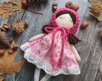 Soft personalised rag doll girl with sleeping eyes Baby's first cloth doll handmade Fabric cotton doll with pink bonnet and dress