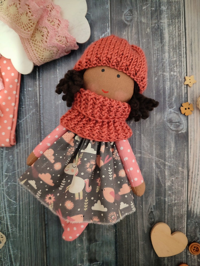 Dark skin soft doll with clothes Black skin rag doll girl Brown skin first baby doll Biracial handmade cloth doll image 10