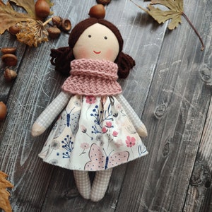 Dark brown hair rag doll girl Handmade first baby doll Textile toddler doll 12 Christmas gift doll for little girls image 8