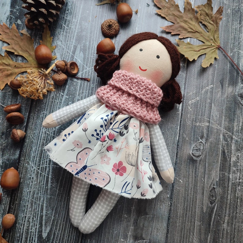 Dark brown hair rag doll girl Handmade first baby doll Textile toddler doll 12 Christmas gift doll for little girls image 1