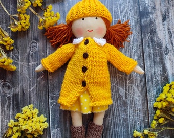 Handmade rag doll for little girl Personalised cloth doll girl with dress, hat, socks and coat Fabric doll with yelllow clothes