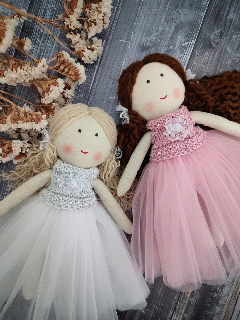 Custom beautiful rag doll 12 inch with tule dress Flower girl doll gift First communion doll fabric Princess rag doll image 1