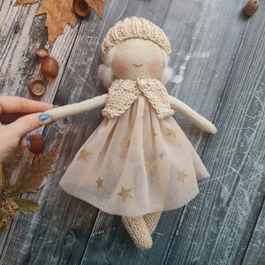 Personalised rag doll with white hair and white eyelashes Handmade fabric doll girl with tulle dress Toddler textile doll image 1