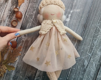 Personalised rag doll with white hair and white eyelashes Handmade fabric doll girl with tulle dress Toddler textile doll