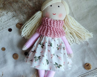 Rag doll girl with blond hair Textile first doll for baby Fabric soft doll Cloth doll Birthday gift to granddaughter Eco children friendly