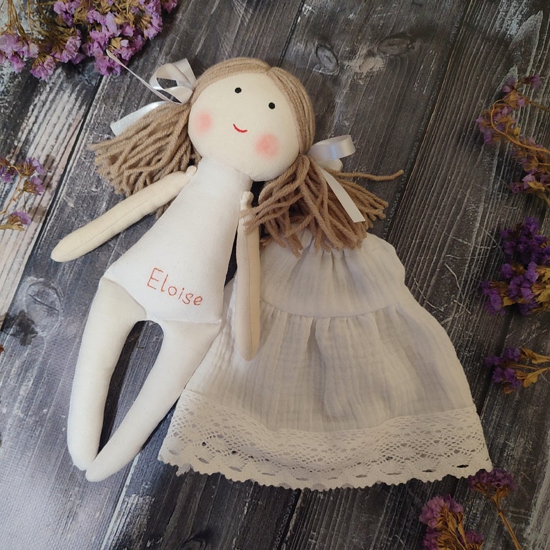 Personalized rag doll with white dress Flower girl doll gift First communion fabric doll Baptism cloth doll handmade image 5