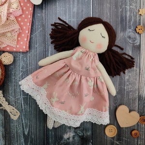 Personalised first doll for baby girl Handmade rag doll with ponytails Textile doll with dress image 8