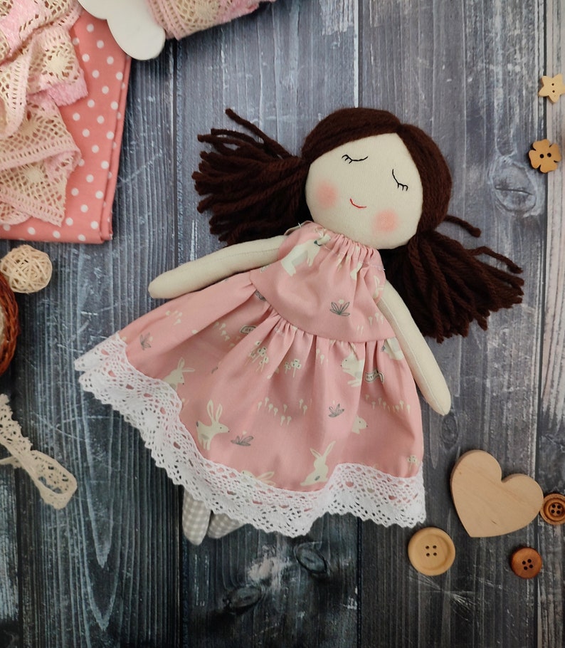 Personalised first doll for baby girl Handmade rag doll with ponytails Textile doll with dress image 8