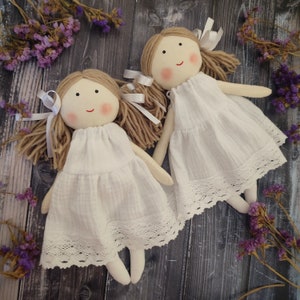 Personalized rag doll with white dress Flower girl doll gift First communion fabric doll Baptism cloth doll handmade
