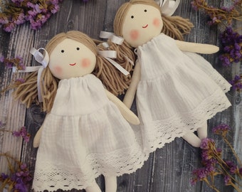 Personalized rag doll with white dress Flower girl doll gift First communion fabric doll Baptism cloth doll handmade