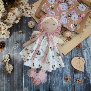 Cute baby's first Christmas gift doll, Handmade fabric doll personalized, Rag doll girl with dress, bonnet and socks image 1