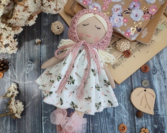 Cute baby's first Christmas gift doll, Handmade fabric doll personalized, Rag doll girl with dress, bonnet and socks