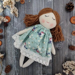 Personalised rag doll for baby girl, First soft doll handmade, Cute fabric doll girl with baby's bonnet, dress and socks image 7