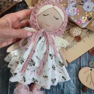 Cute baby's first Christmas gift doll, Handmade fabric doll personalized, Rag doll girl with dress, bonnet and socks image 10