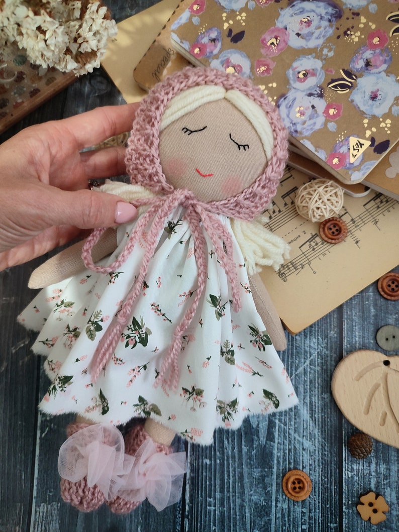 Cute baby's first Christmas gift doll, Handmade fabric doll personalized, Rag doll girl with dress, bonnet and socks image 10