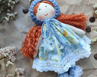 Handmade fabric doll girl with red hair and removable clothes Rag first doll personalized Cloth toddler doll 12"