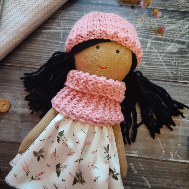 Multiracial rag doll girl handmade with removable clothes Asian cloth doll with long black hair Latino personalized soft doll image 3