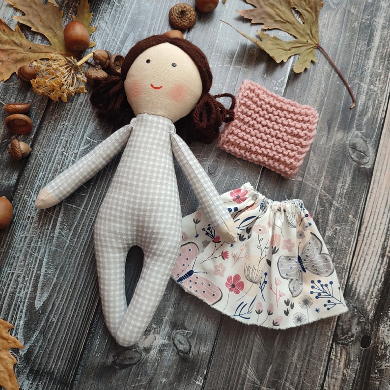 Dark brown hair rag doll girl Handmade first baby doll Textile toddler doll 12 Christmas gift doll for little girls image 4