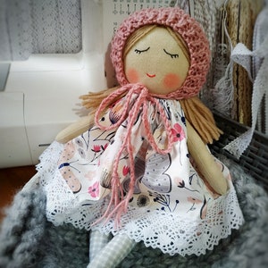 First doll baby bonnet handmade Fabric doll personalized Rag doll girl Soft doll for baby Textile doll Heirloom doll First doll image 6