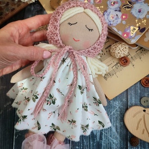 Cute baby's first Christmas gift doll, Handmade fabric doll personalized, Rag doll girl with dress, bonnet and socks image 7