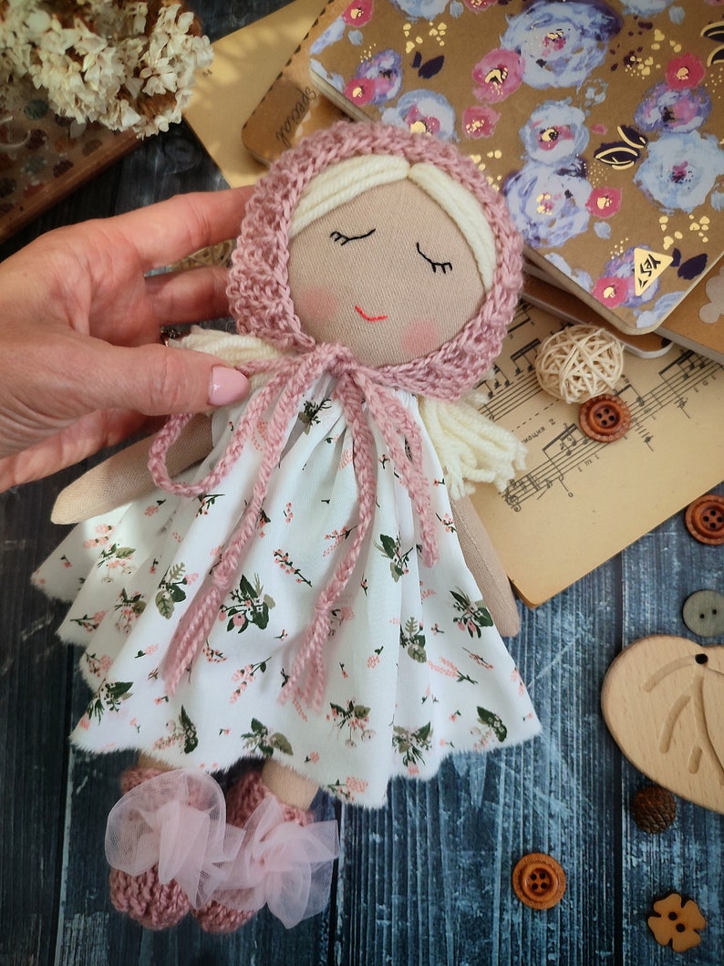 Cute baby's first Christmas gift doll, Handmade fabric doll personalized, Rag doll girl with dress, bonnet and socks image 7