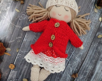 Christmas gift rag doll for little girls Handmade cloth doll girl with dress, hat, socks and coat Fabric doll with white and red clothes