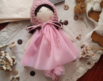 Cloth doll handmade Fabric first baby doll personalized Flower girl doll Asian rag doll girl Soft doll with tule dress Textile Heirloom doll