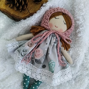 First toddler rag doll with baby bonnet Handmade fabric baby doll girl personalized Textile heirloom doll for granddaughter