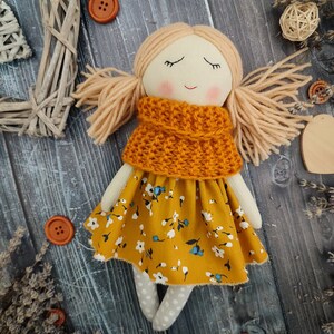 Handmade fabric doll girl Autumn rag doll Textile first doll Cloth doll with blond hair Soft doll with sleeping eyes Granddaughter gift image 8