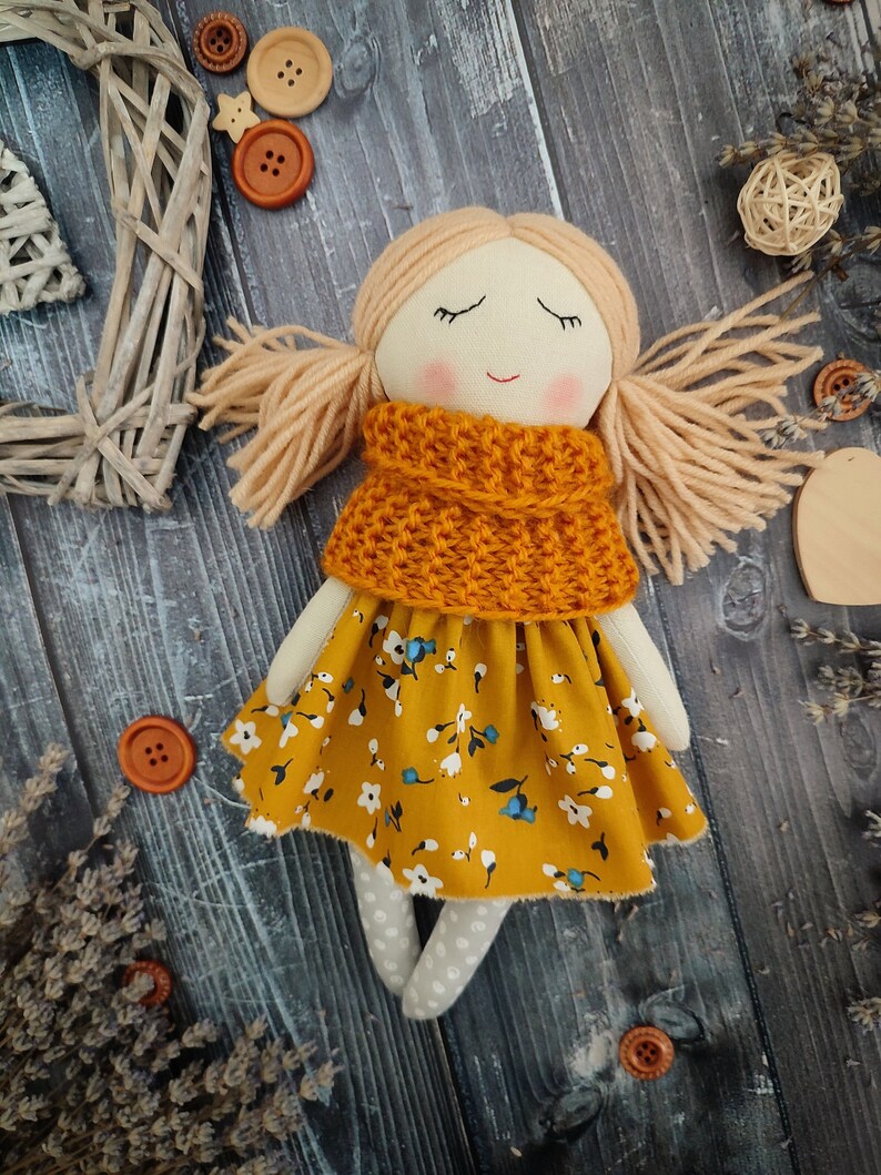 Handmade fabric doll girl Autumn rag doll Textile first doll Cloth doll with blond hair Soft doll with sleeping eyes Granddaughter gift image 8