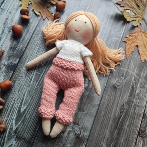 Custom made rag doll girl with knitting clothes Personalised textile doll with pants, jacket, top, hat and socks Early childhood toy doll image 9