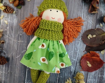 Handcraft rag doll girl with red wavy hair Personalised cloth doll in green clothes Toddler girl doll birthday present