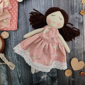 Personalised first doll for baby girl Handmade rag doll with ponytails Textile doll with dress image 1