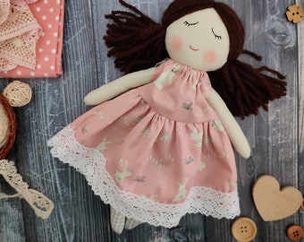 Personalised first doll for baby girl Handmade rag doll with ponytails Textile doll with dress