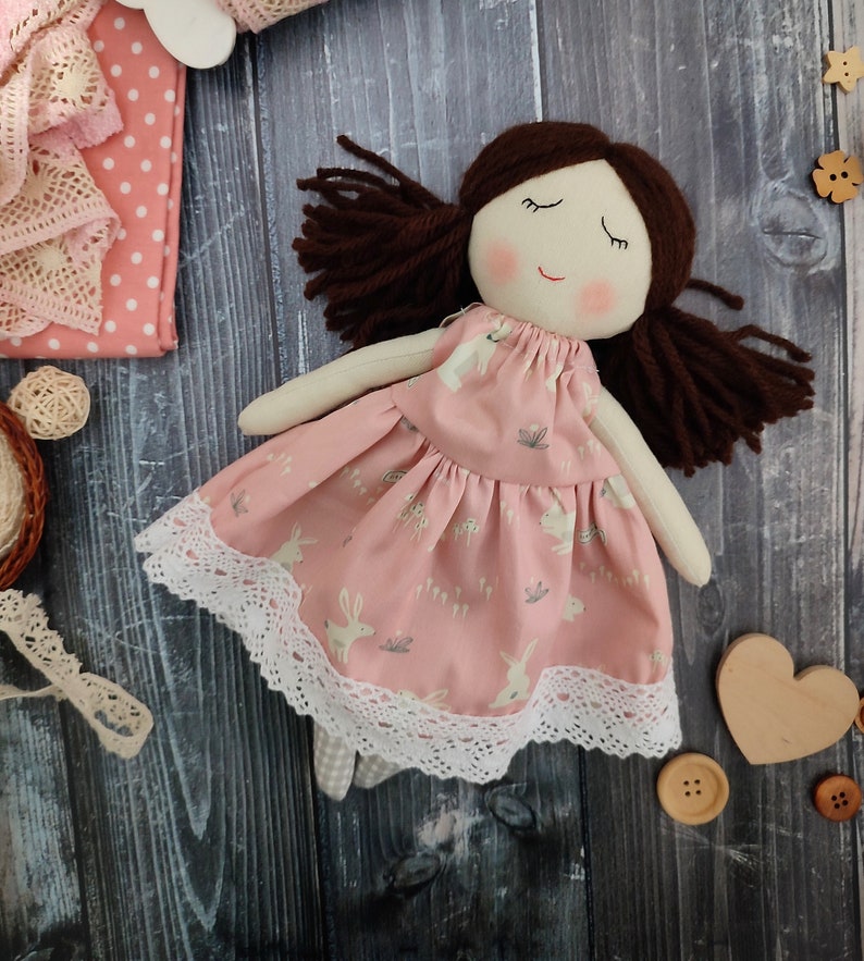 Personalised first doll for baby girl Handmade rag doll with ponytails Textile doll with dress image 1